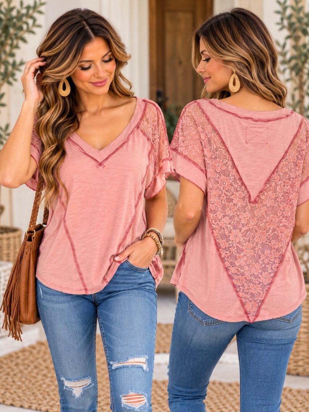 Pink Mauve Lace Patchwork V Neck T-Shirt High Low Cotton Top Small
